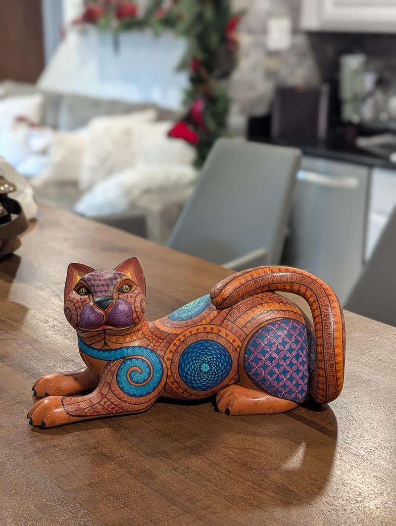 Hand Carved Wooden Cat Alebrije Figurine | Hand Painted Mexican Folk Art Sculpture