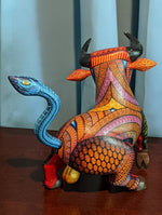Bull Alebrije with Serpent Tail, Oaxaca Mexico Folk Art, Handmade Home Decor, Original Wood Sculpture, Carved Animal, Unique Gift, Genuine