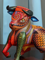 Bull Alebrije with Serpent Tail, Oaxaca Mexico Folk Art, Handmade Home Decor, Original Wood Sculpture, Carved Animal, Unique Gift, Genuine